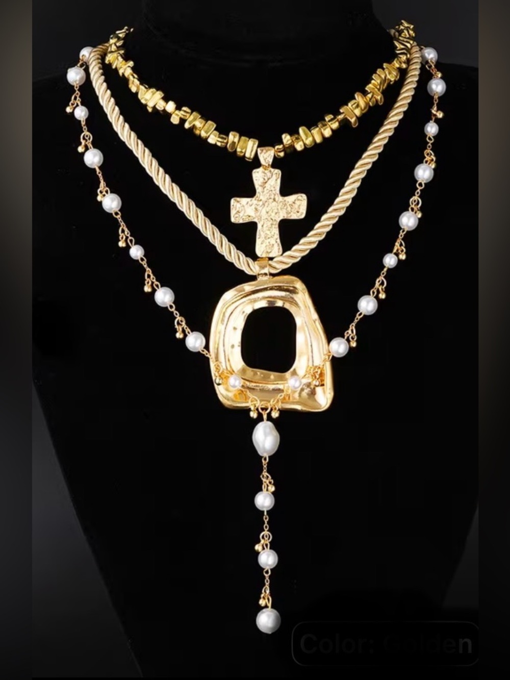 NEW 3 piece Layered Necklace~ Gold, Pearls, cross pendant, abstract pendant